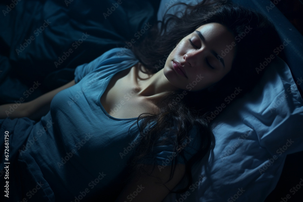 Top View of Beautiful Young Woman Sleeping Cozily on a Bed in His Bedroom at Night, Blue Nightly Colors with Cold Weak Lamppost Light Shining Through the Window
