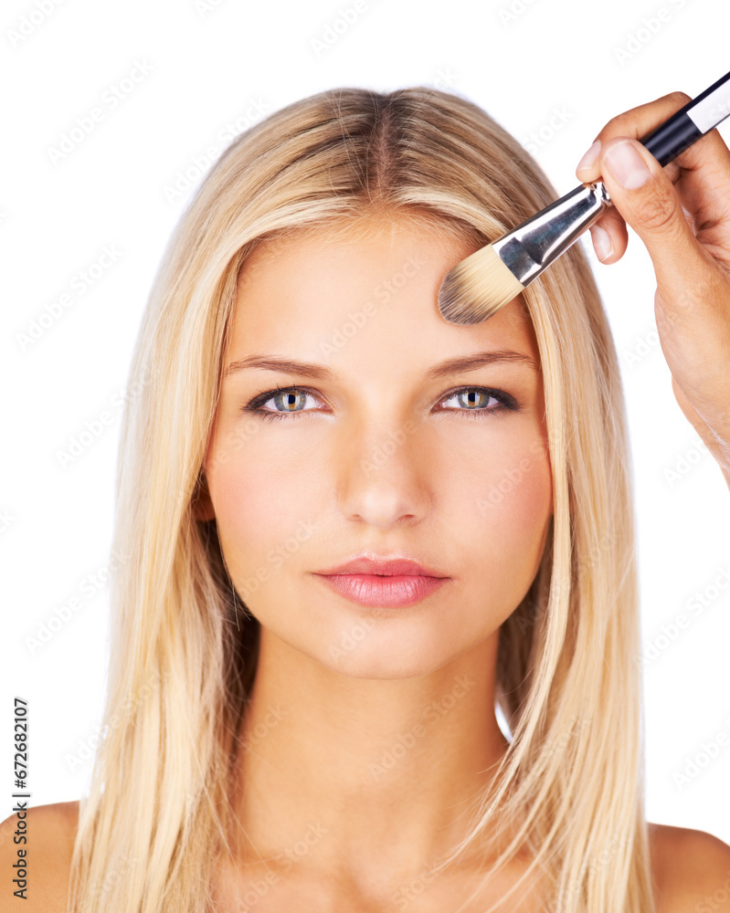 Brush, makeup and portrait of woman in studio with hands for beauty, wellness or glamour makeover on white background. Powder, cosmetics or face of lady model with beautician for professional contour Brush, makeup and portrait of woman in studio with hands for beauty, wellness or glamour makeover on white background. Powder, cosmetics or face of lady model with beautician for professional contour
