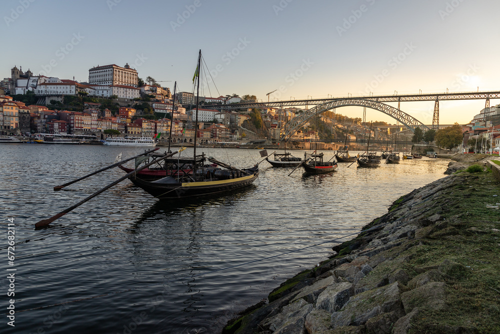 View of the Douro river and the city of Porto at dawn in autumn in Portugal