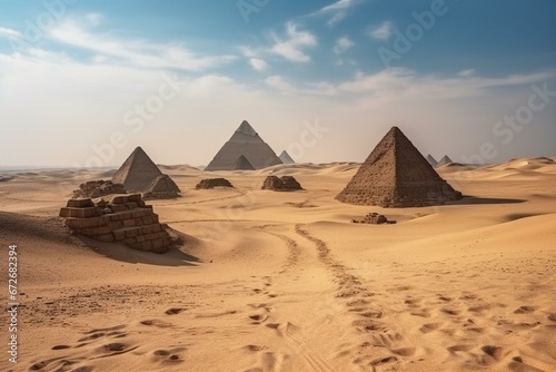 Beautiful pyramids in the north of Egypt. Dreamlike and imaginary setting. Generative AI