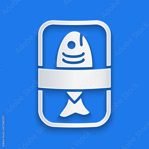 Paper cut Fish plastic tray container with cellophane cover icon isolated on blue background. Paper art style. Vector