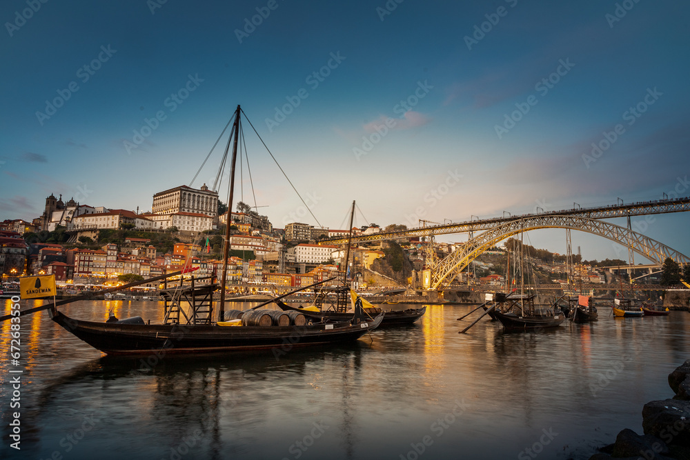 View of the Douro river and the city of Porto at sunset in autumn in Portugal