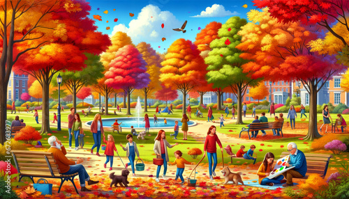 Vibrant Autumn Day in the Park with Community Activities