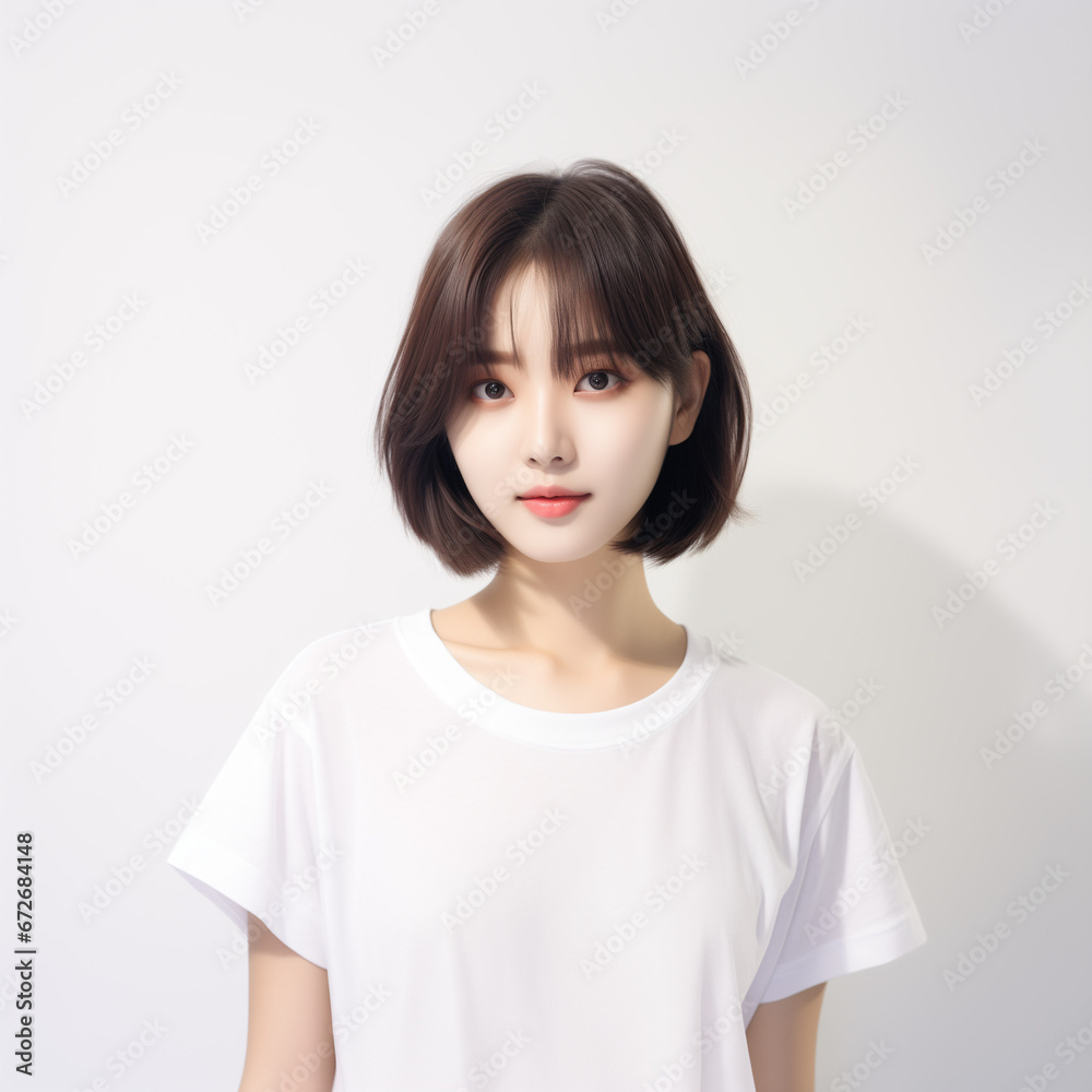 Short-Hair Style South Korean Girl Wearing A White T-Shirt White Background AI Generate Short-Hair Style South Korean Girl Wearing A White T-Shirt White Background AI Generate