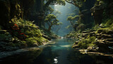 Nature mystery  a tranquil scene of a deep, dark forest generated by AI