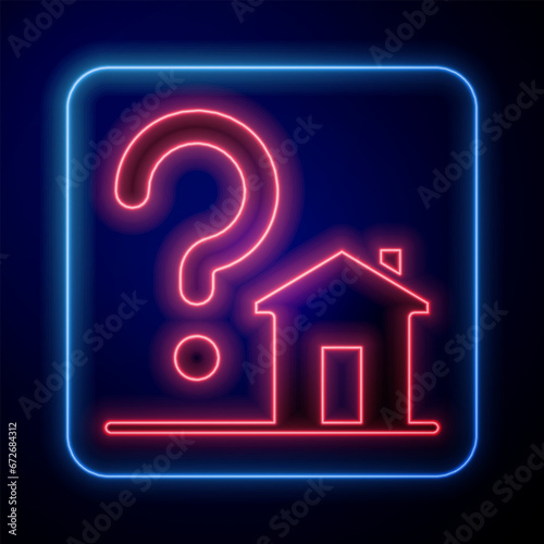 Glowing neon House with question mark icon isolated on black background. Housing problems, questions. Vector