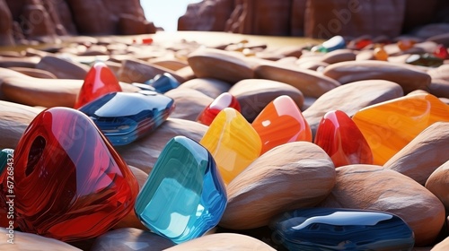 Colorful shiny stones on a beach background, AI-generative