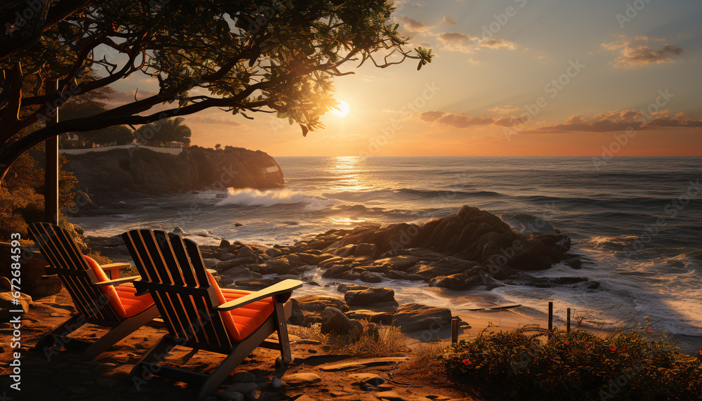 Sunset over tranquil coastline, waves crash on sandy shores, nature beauty generated by AI Sunset over tranquil coastline, waves crash on sandy shores, nature beauty generated by AI
