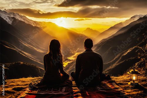 A young couple on a romantic picnic  surrounded by the breathtaking beauty of mountains and valleys.
