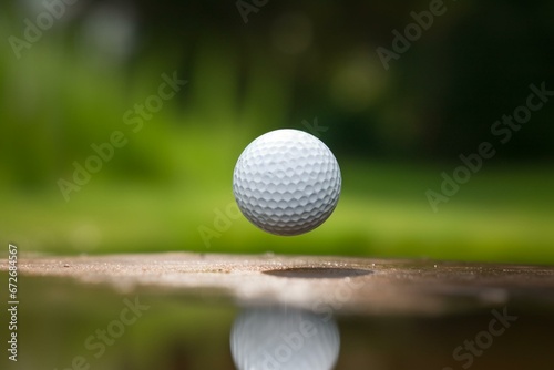 A detailed zoomed-in image of a golf ball on the ground, capturing its motion with a blurred effect. Generative AI