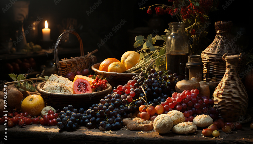 Freshness of nature bounty  grape, pumpkin, tomato, apple, berry, orange generated by AI