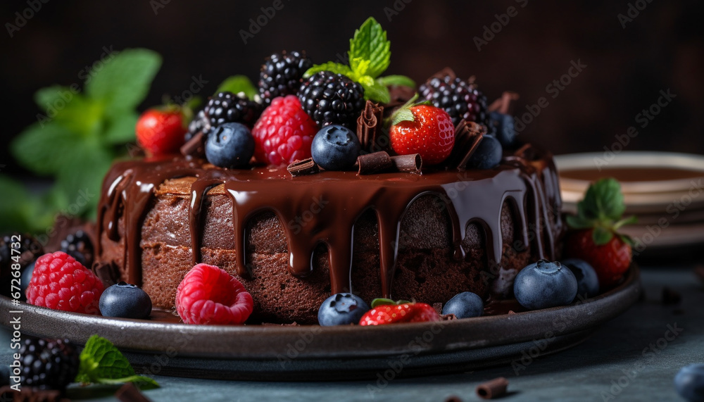 A gourmet chocolate cheesecake slice with raspberry and mint decoration generated by AI A gourmet chocolate cheesecake slice with raspberry and mint decoration generated by AI