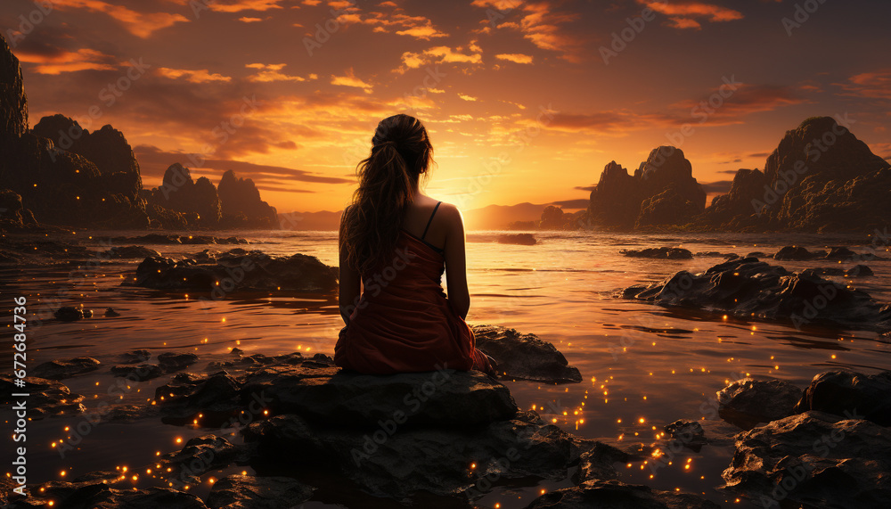 A serene woman meditates, reflecting on the beauty of nature generated by AI