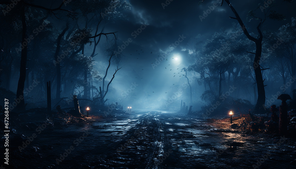 Spooky dark forest, mystery in nature, horror Halloween landscape generated by AI