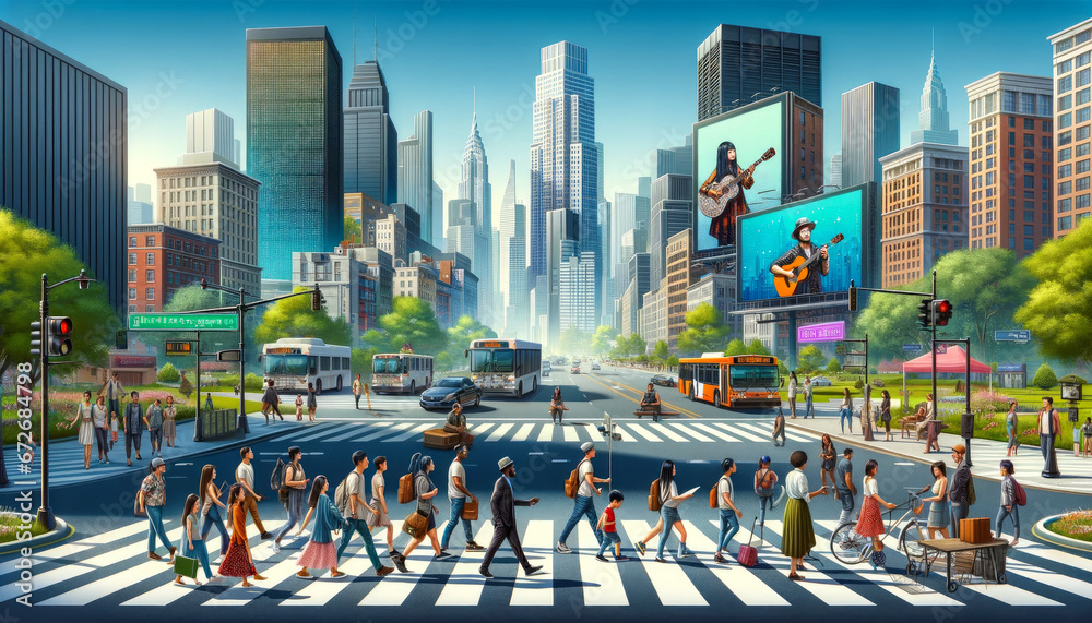 Obraz premium Urban Melody: Dynamic City Life at a Busy Intersection