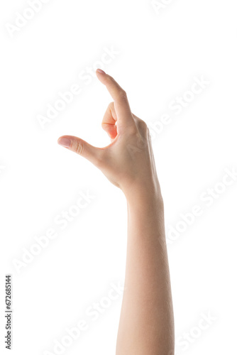 Young female hand to hold something isolated on white background