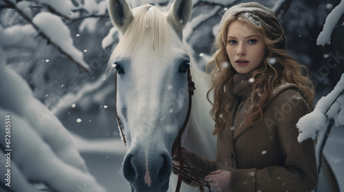 Girl with a horse in the winter forest