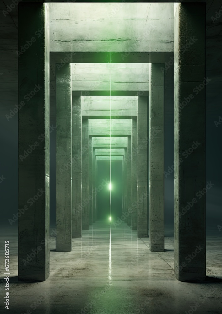 Underground  Corridor with massive columns, an empty hallway in an abandoned, huge building, in the style of surreal 3d landscapes, monolithic structures, futuristic fragmentation, columns and totems