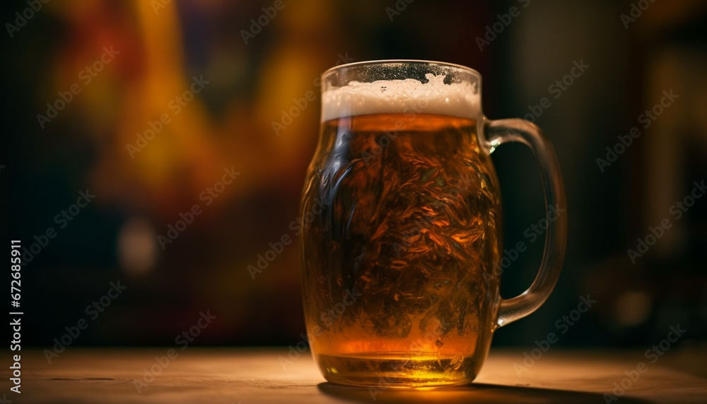 A frothy pint of cold beer poured on wooden bar counter generated by AI