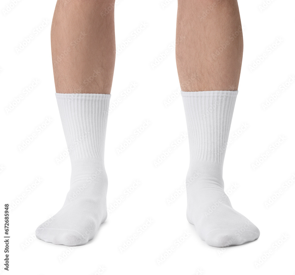 Man in stylish socks on white background, closeup Man in stylish socks on white background, closeup