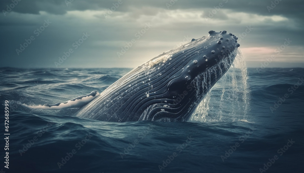 Fototapeta premium A majestic humpback whale breaches, splashing in the blue sea generated by AI