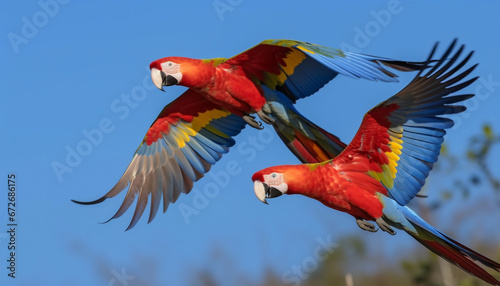 Vibrant scarlet macaw perching on green tree branch in Amazon generated by AI © Jeronimo Ramos
