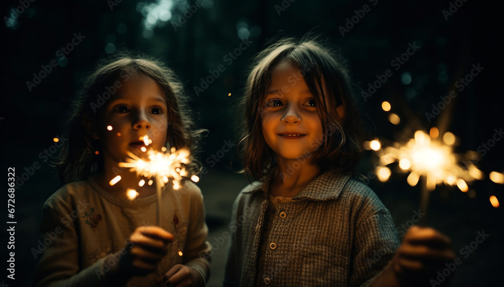 Two cheerful girls playing with fire, celebrating Fourth of July generated by AI Two cheerful girls playing with fire, celebrating Fourth of July generated by AI