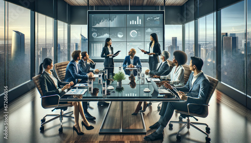 Global Business Strategy: Diverse Professionals in Modern Conference Room