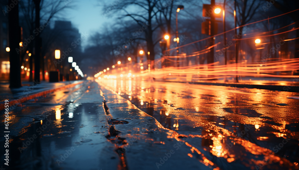 Night car traffic, dusk dark street light, city life illuminated generated by AI