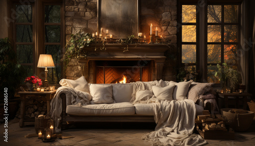 Cozy winter night, illuminated by candlelight, in a modern living room generated by AI