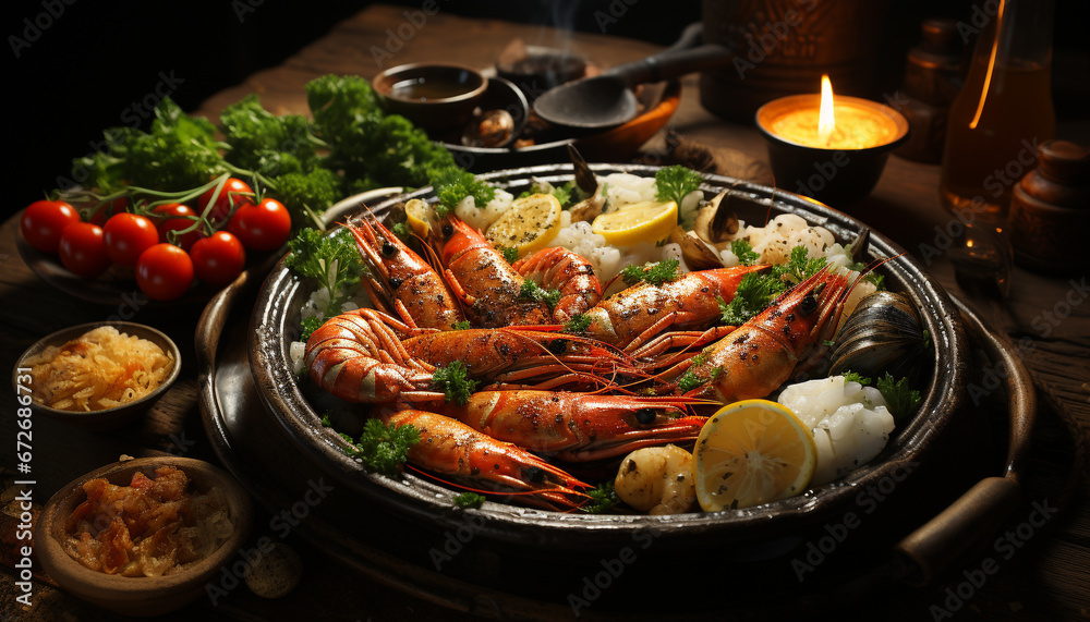 Freshness and flavor on a plate, seafood grilled to perfection generated by AI Freshness and flavor on a plate, seafood grilled to perfection generated by AI