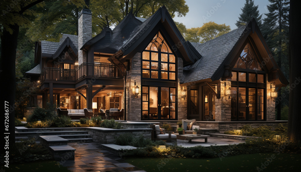 A modern home, illuminated by lanterns, nestled in nature embrace generated by AI