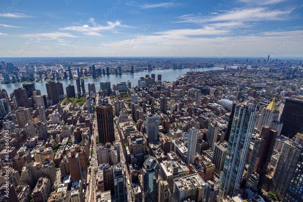 High angle, elevated view of East Manhattan and the East river taken from the Empire State building, New York City, USA