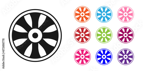 Black Alloy wheel for car icon isolated on white background. Set icons colorful. Vector