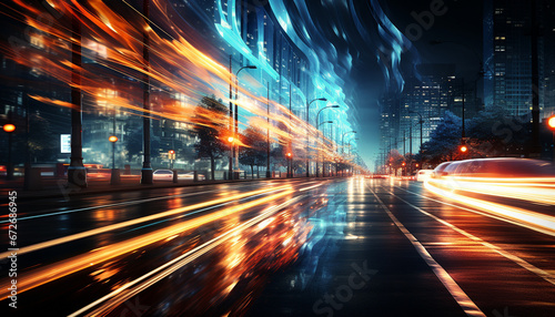 Night traffic speed, car blur motion, cityscape transportation, city life architecture generated by AI
