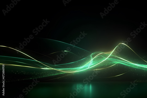 Abstract futuristic background with green and yellow neon lines. The musical wave. AI generated illustration.
