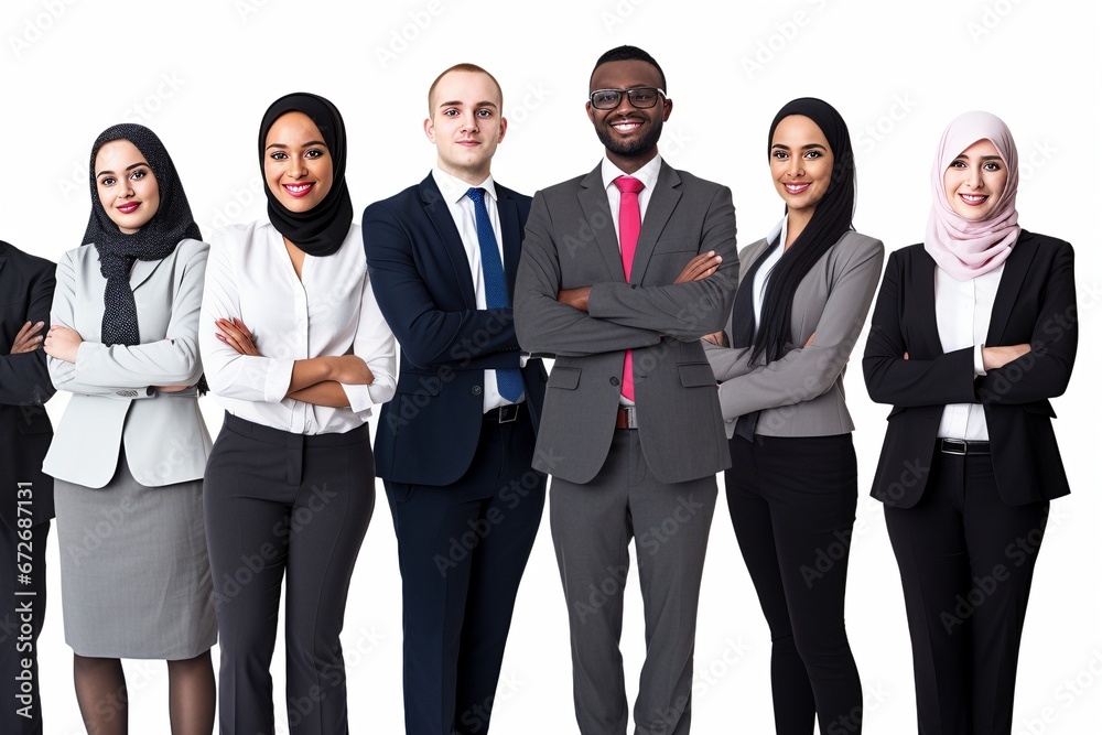 Harmony in Business: A Multicultural Team Stands United on a White Background, Smartly Dressed, Demonstrating the Beauty of Age Diversity in the Corporate World Harmony in Business: A Multicultural Team Stands United on a White Background, Smartly Dressed, Demonstrating the Beauty of Age Diversity in the Corporate World