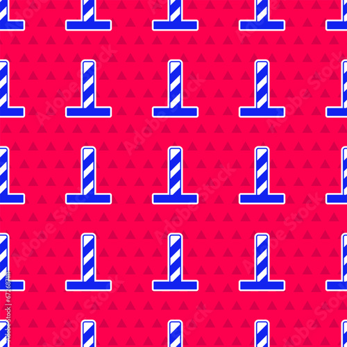 Blue Cat scratching post with toy icon isolated seamless pattern on red background. Vector