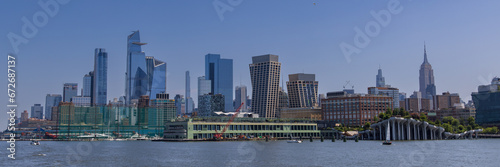 Skyline view of the Hudson Yards, Pier 57, Little Island and Midtown Manhattan as seen from a boat on the Hudson river, New York City, USA
