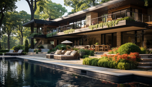 Modern architecture blends with nature in a luxurious summer retreat generated by AI