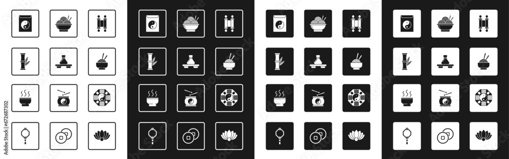 Set Decree, paper, parchment, scroll, Dumpling on cutting board, Bamboo, Yin Yang and envelope, Asian noodles bowl, and Chinese tea ceremony icon. Vector Set Decree, paper, parchment, scroll, Dumpling on cutting board, Bamboo, Yin Yang and envelope, Asian noodles bowl, and Chinese tea ceremony icon. Vector