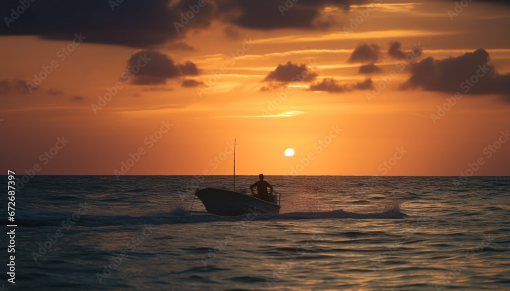 A fisherman sails into the sunset, enjoying a tranquil scene generated by AI