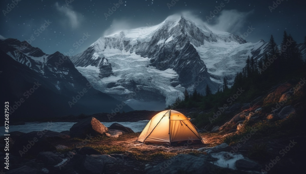 Men climb mountain peak, campfire illuminates tranquil sunset in wilderness generated by AI