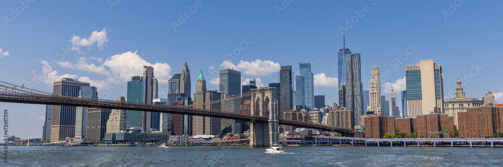 North side of the Brooklyn Bridge and the Financial District in Manhattan, New York City, USA