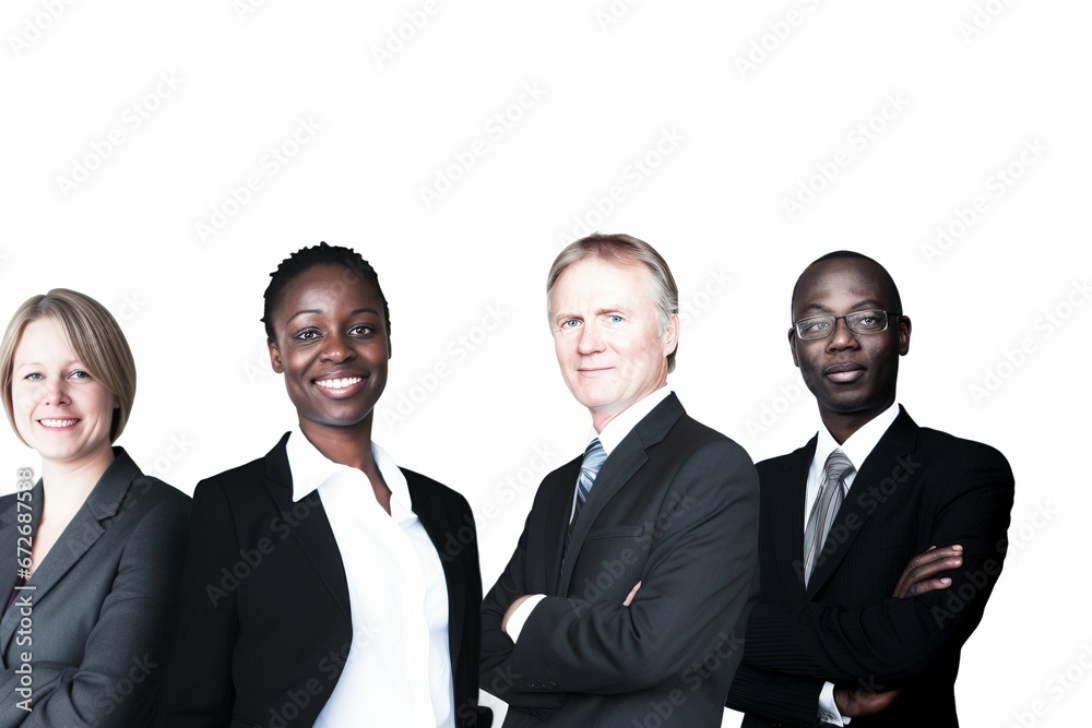 Harmony in Business: A Multicultural Team Stands United on a White Background, Smartly Dressed, Demonstrating the Beauty of Age Diversity in the Corporate World Harmony in Business: A Multicultural Team Stands United on a White Background, Smartly Dressed, Demonstrating the Beauty of Age Diversity in the Corporate World