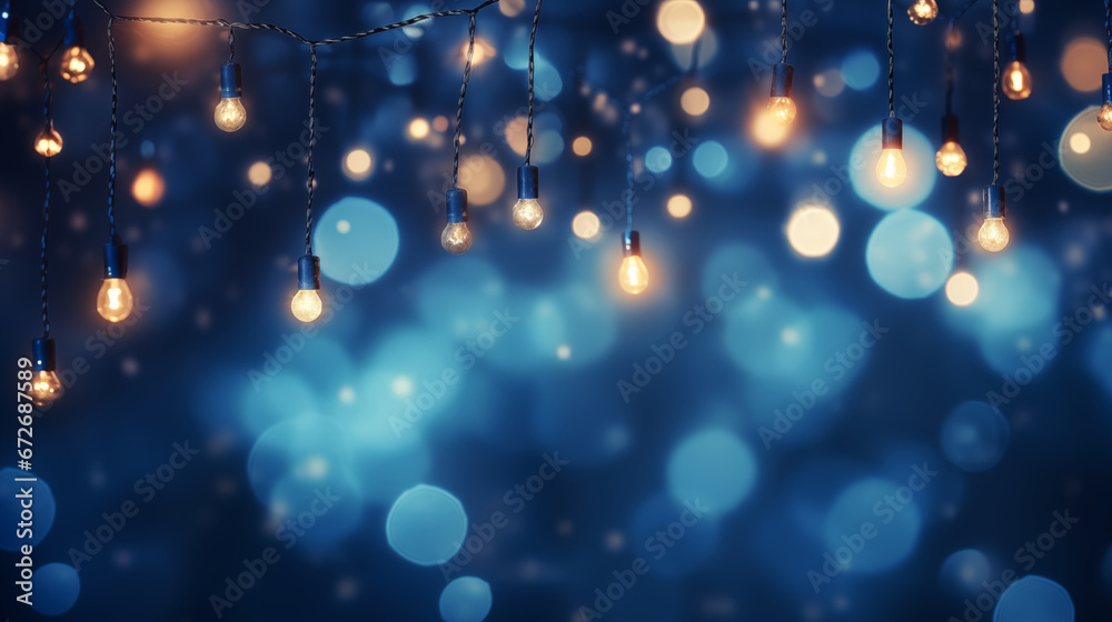 holiday illumination and decoration concept - christmas garland bokeh lights over dark blue background,