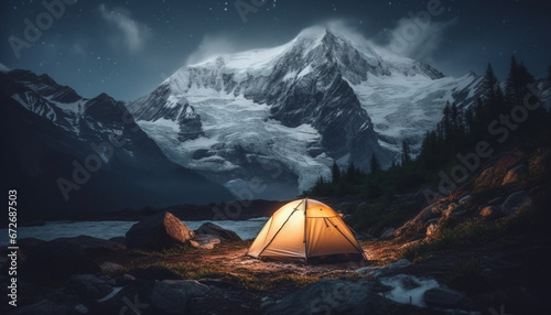 Men climb mountain peak, campfire illuminates tranquil sunset in wilderness generated by AI