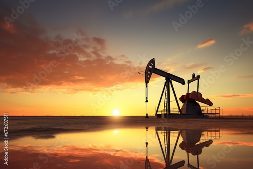 Silhouette of pumpjack rig in desert sunset, industrial machine for petroleum production. Generative AI