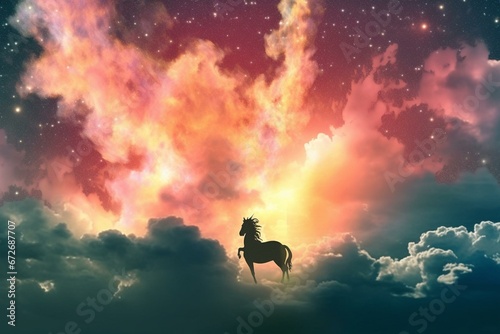 A unicorn silhouette in a celestial cloud. Generative AI
