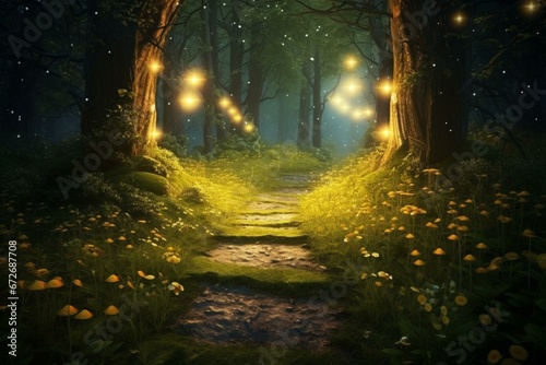 a forest path with lights hanging from trees and mossy ground on either side  with a path having yellow flowers and leaves on the other side. Generative AI